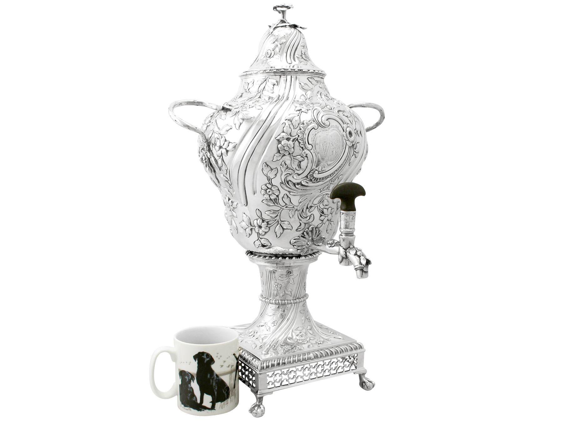 A magnificent, fine and impressive antique George III English sterling silver samovar made in the Regency style, an addition to our Georgian silver teaware collection

This magnificent antique George III sterling silver samovar has a circular
