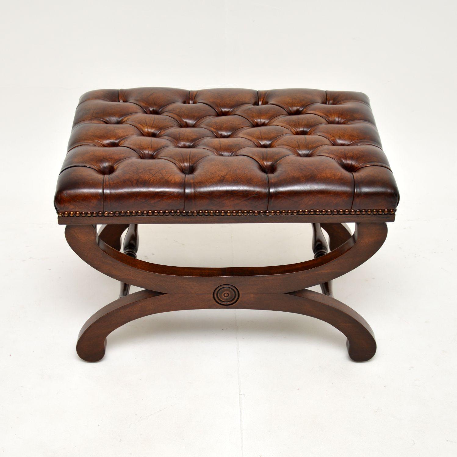 British Antique Regency Style X Frame Leather Stool