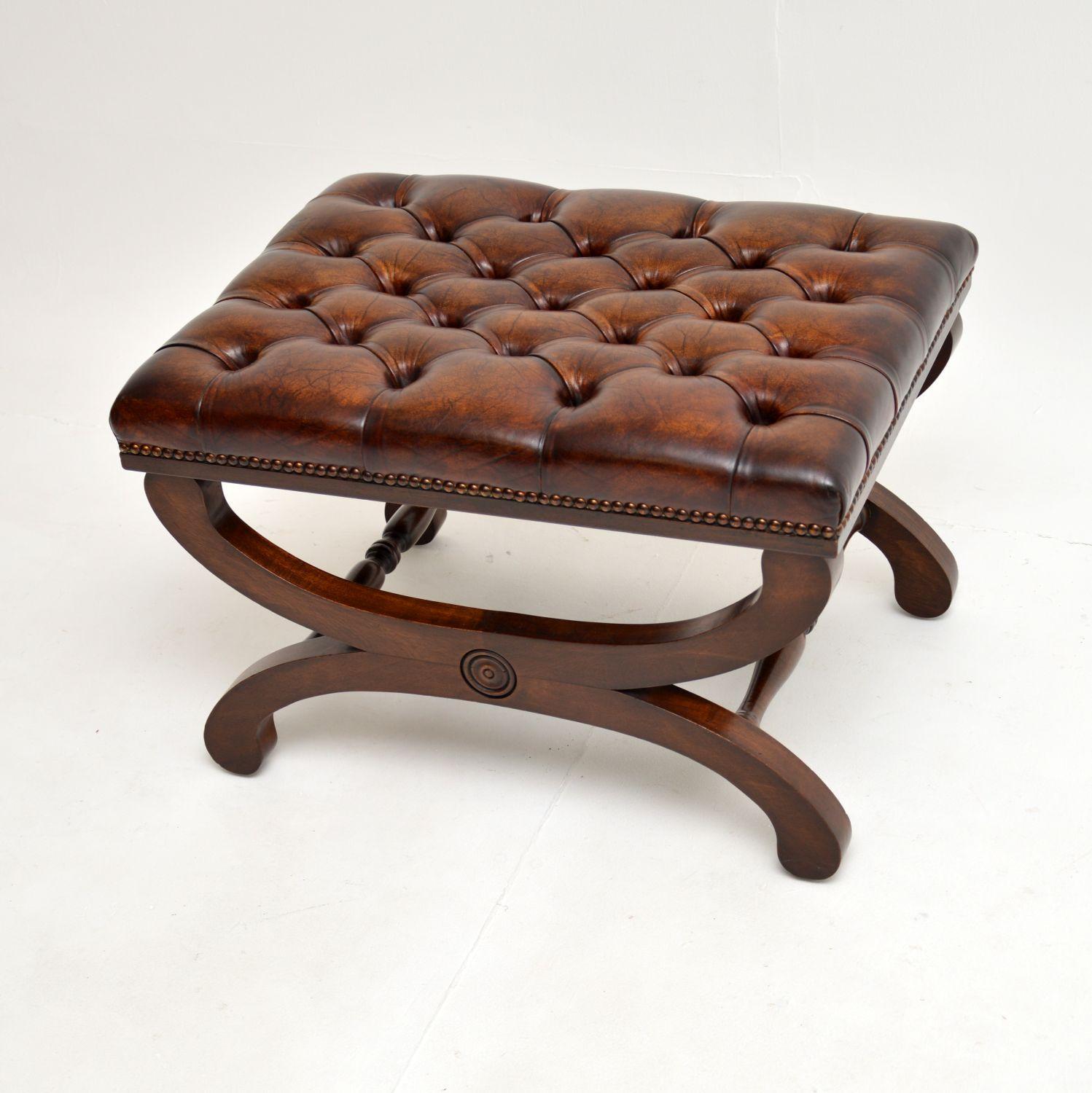 Antique Regency Style X Frame Leather Stool In Good Condition In London, GB