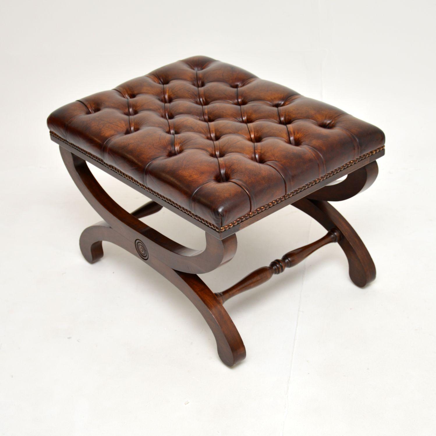 Mid-20th Century Antique Regency Style X Frame Leather Stool