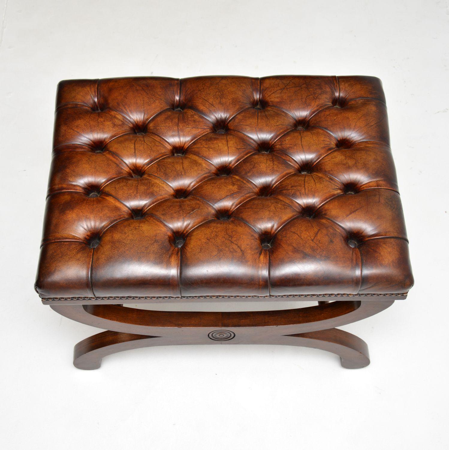 Antique Regency Style X Frame Leather Stool 1