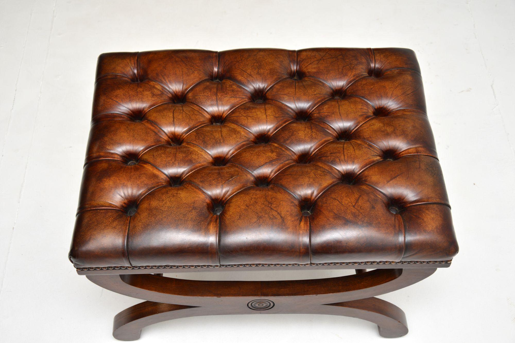Antique Regency Style X Frame Leather Stool 2