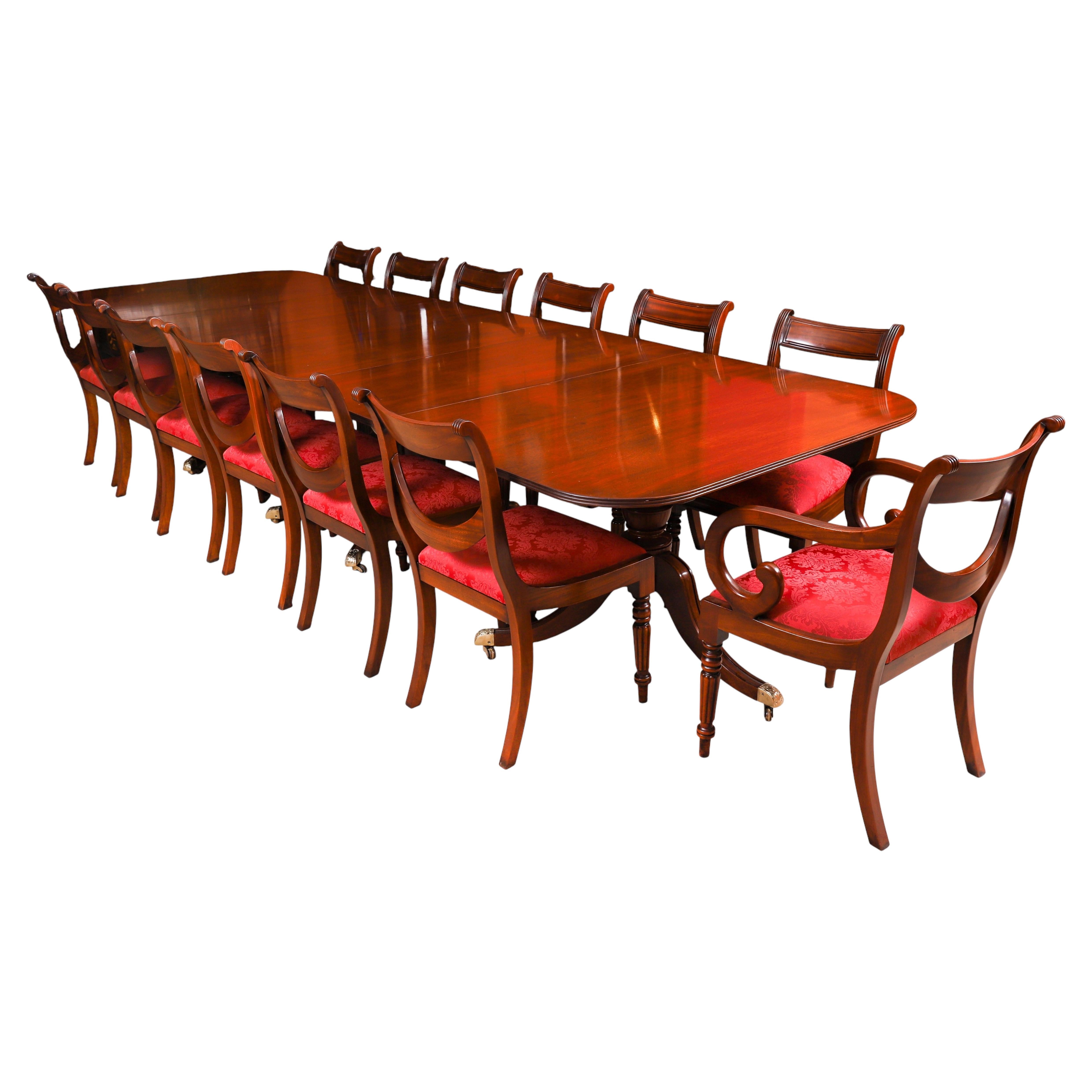 Antique Regency Triple Pillar Dining Table 20th Century & 14 Swag back Chairs For Sale