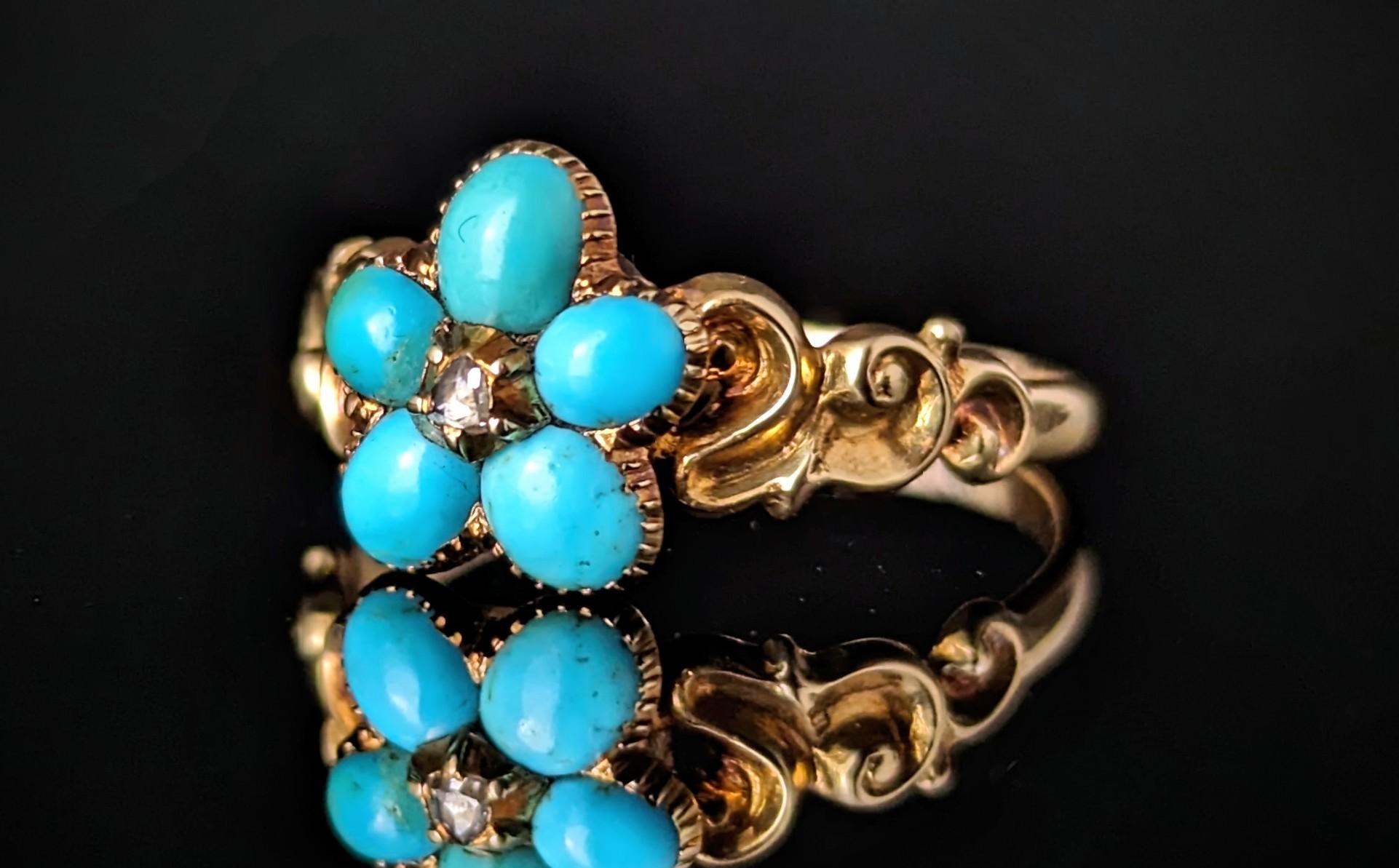 Antique Regency Turquoise and Diamond forget me not ring, 15k gold  For Sale 6