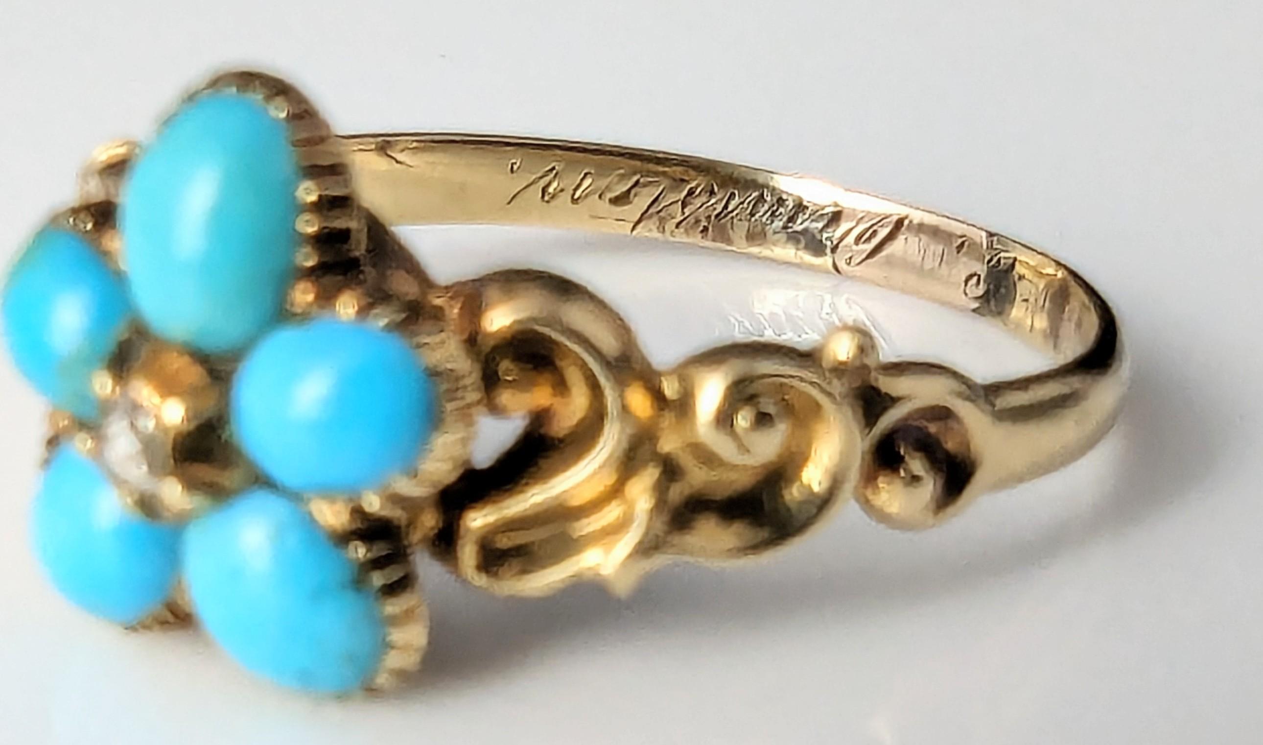 Antique Regency Turquoise and Diamond forget me not ring, 15k gold  For Sale 8