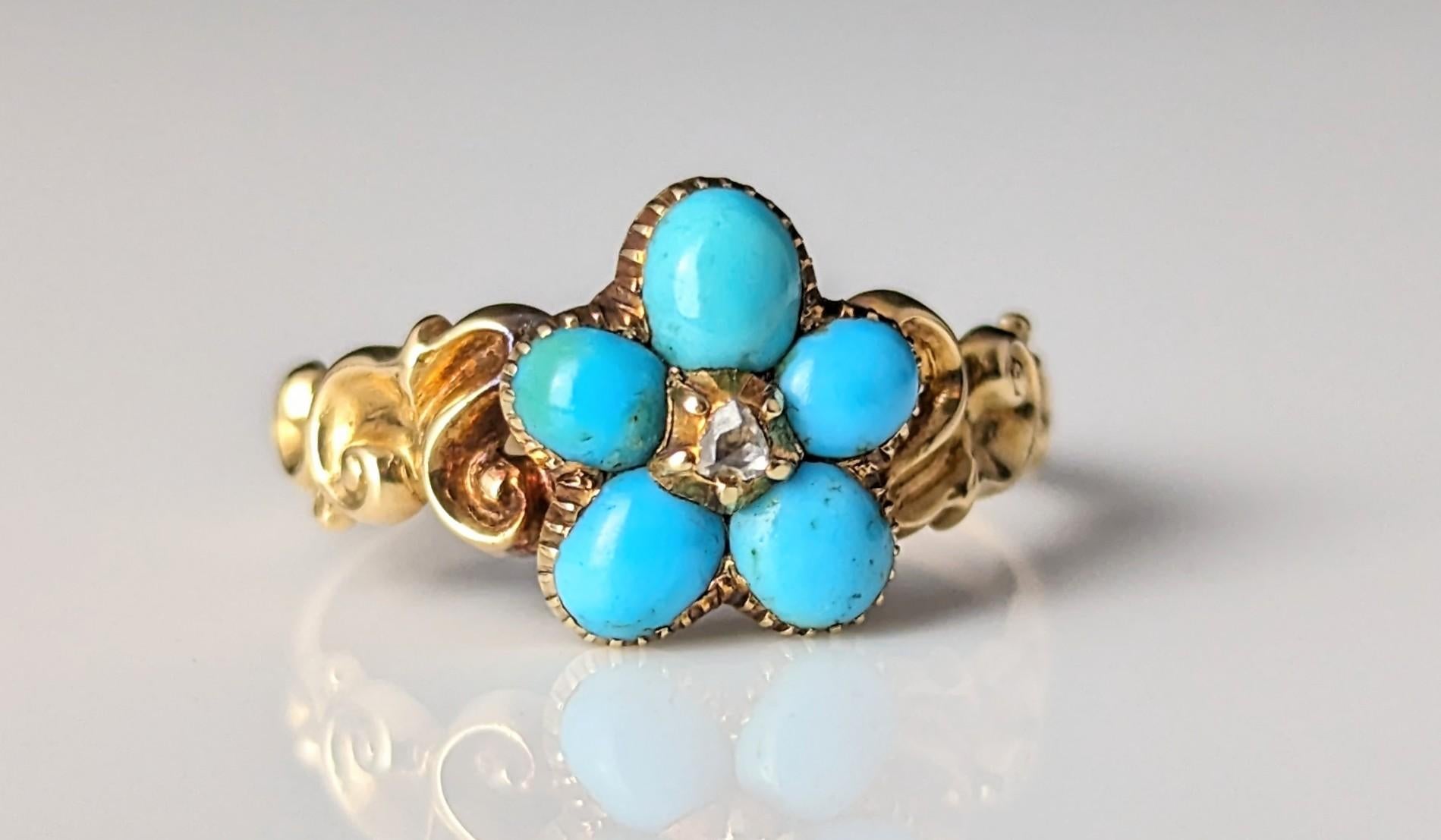 Antique Regency Turquoise and Diamond forget me not ring, 15k gold  For Sale 10