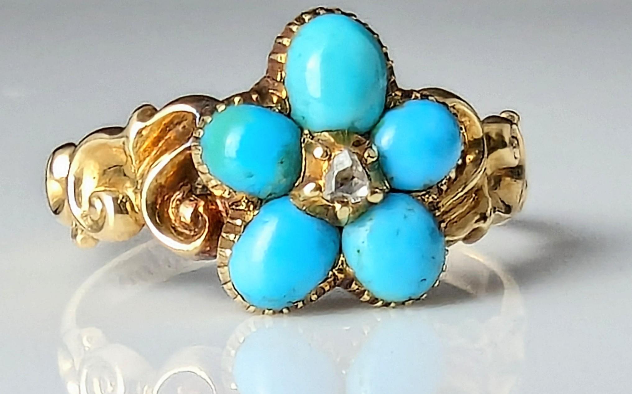 Antique Regency Turquoise and Diamond forget me not ring, 15k gold  In Good Condition For Sale In NEWARK, GB