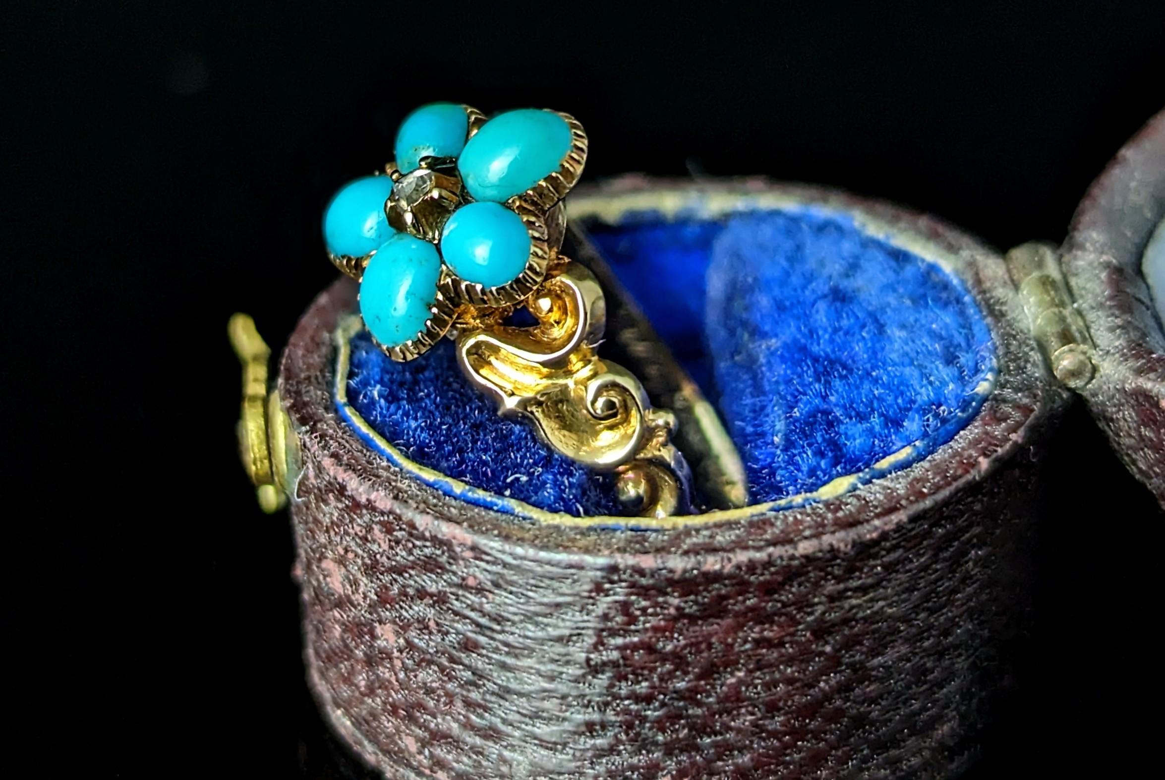 Antique Regency Turquoise and Diamond forget me not ring, 15k gold  For Sale 1