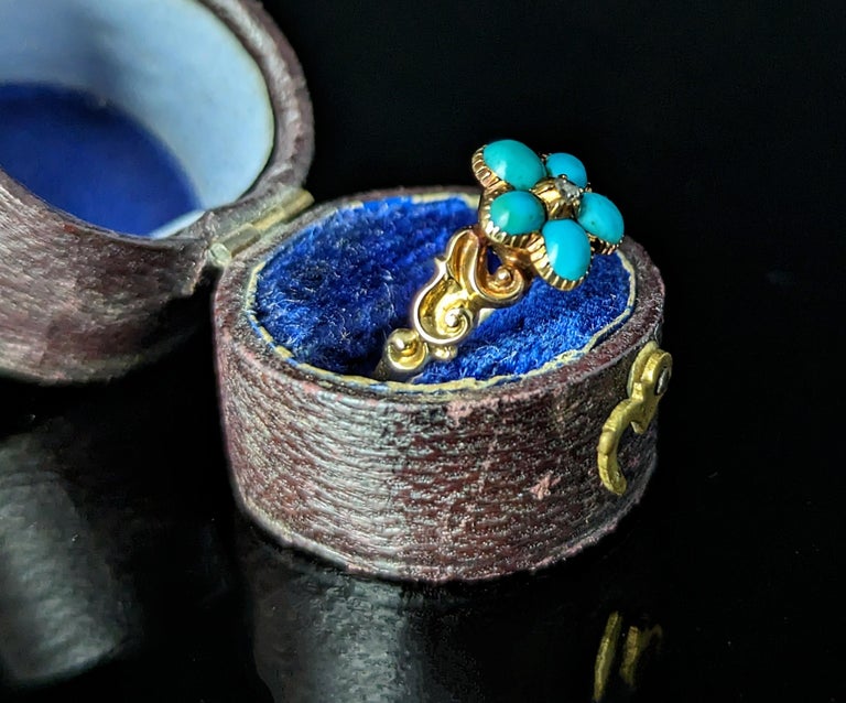 Antique Regency Turquoise and Diamond forget me not ring, 15k gold