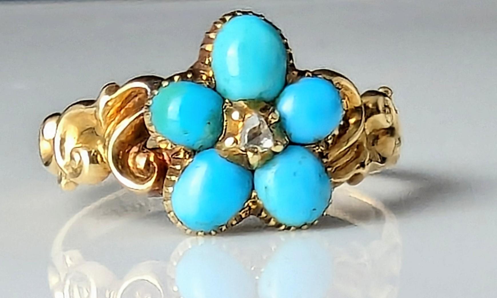 Antique Regency Turquoise and Diamond forget me not ring, 15k gold  For Sale 2