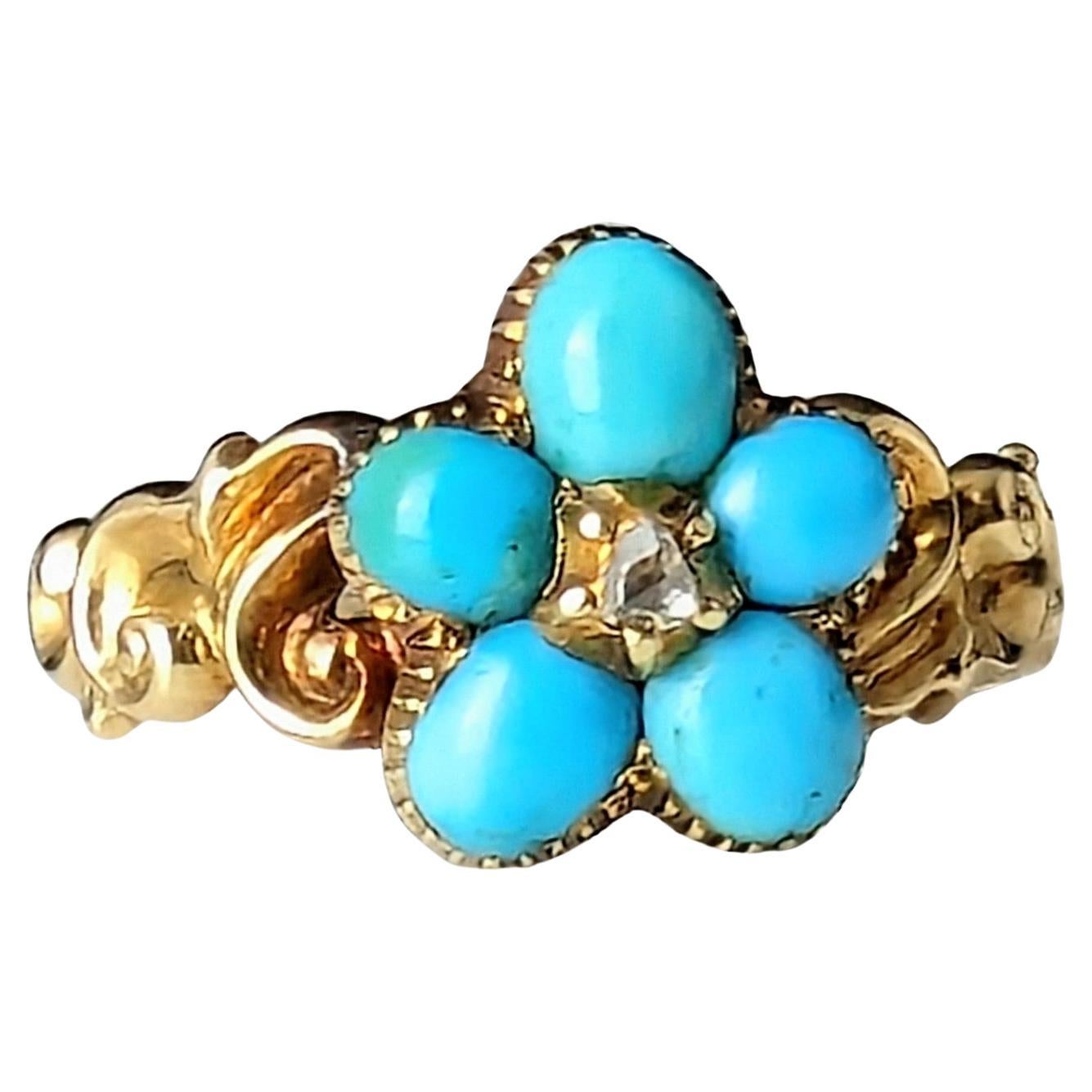 Antique Regency Turquoise and Diamond forget me not ring, 15k gold 
