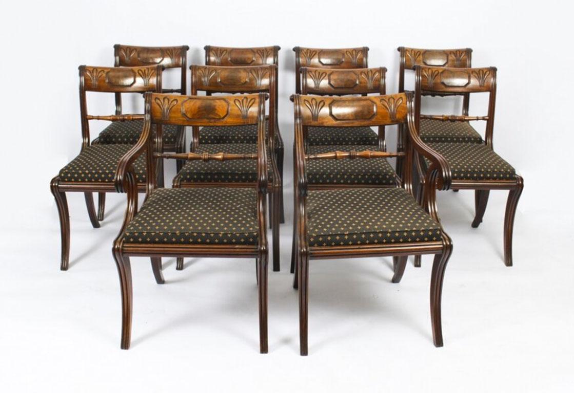 Antique Regency Twin Pillar Dining Table & 10 Regency Chairs 19th Century 7