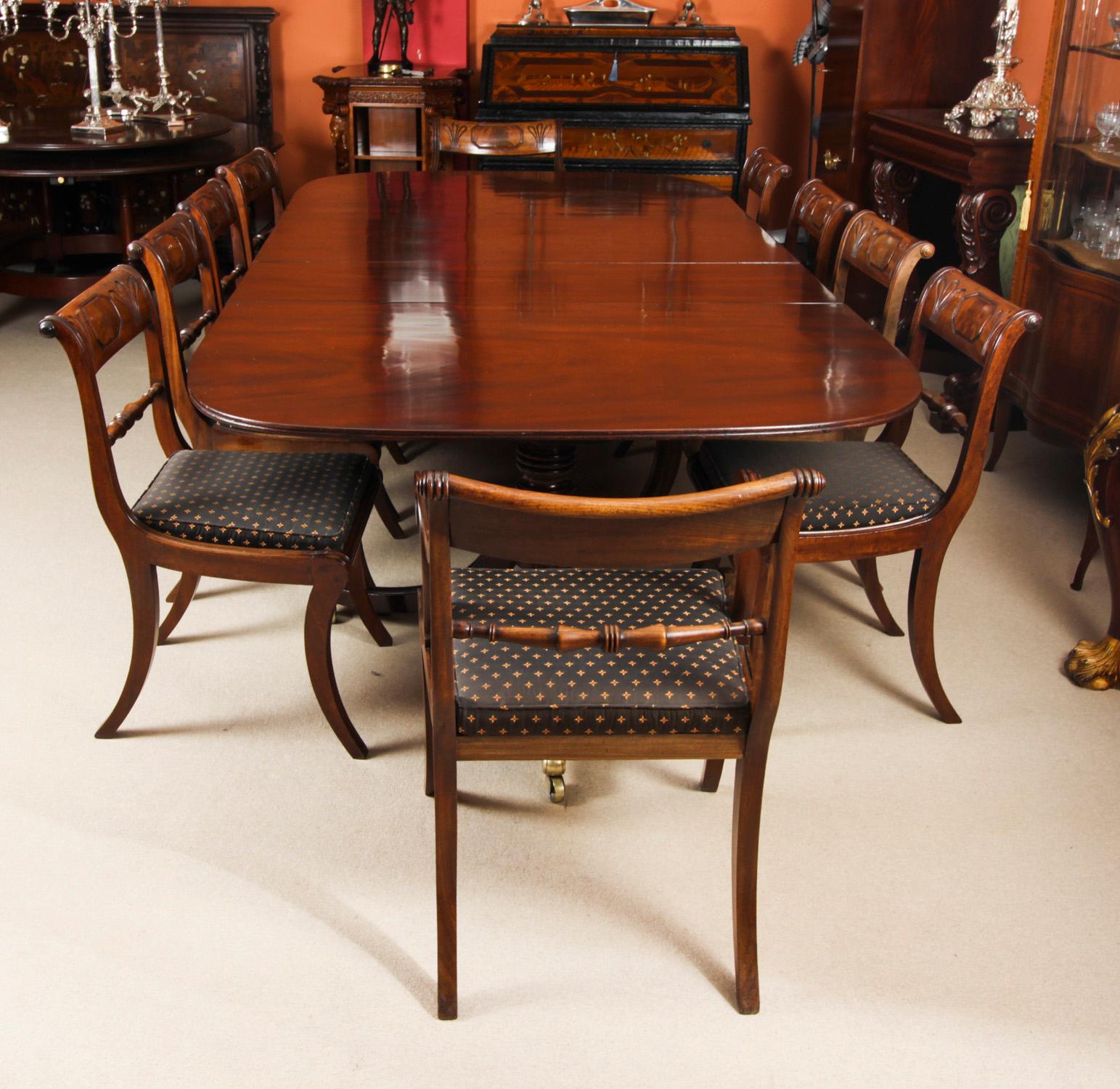 English Antique Regency Twin Pillar Dining Table & 10 Regency Chairs 19th Century