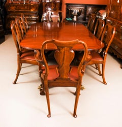 Antique Regency Twin Pillar Dining Table 19th C & 8 Queen Anne Chairs