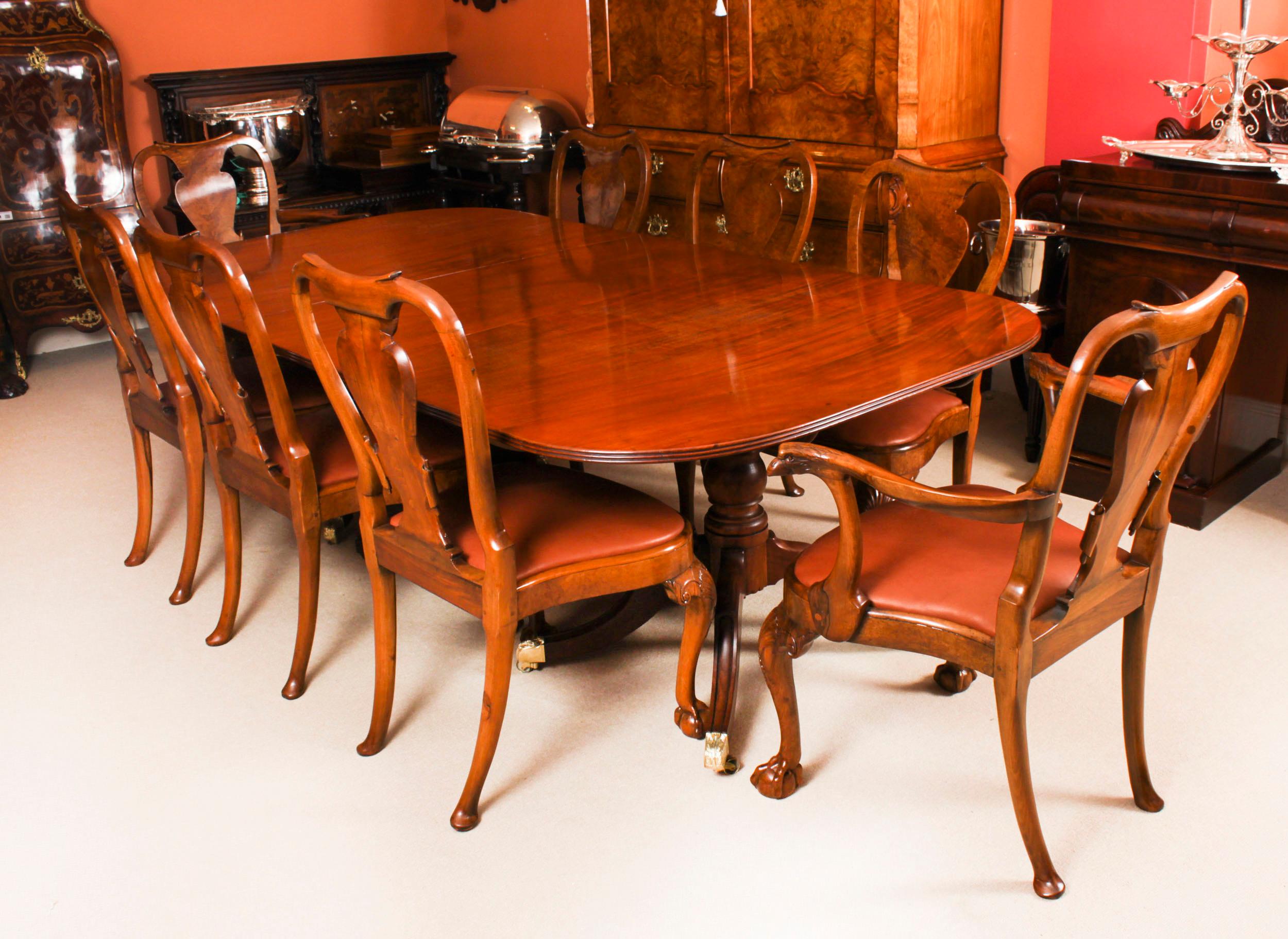 Antique Regency Twin Pillar Dining Table 19th C & 8 Queen Anne Chairs 15