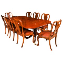 Antique Regency Twin Pillar Dining Table 19th C & 8 Queen Anne Chairs