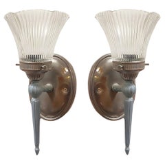 Antique Regency Wall Sconces Electric Light Fixture w/ Tulip Shade, Pair