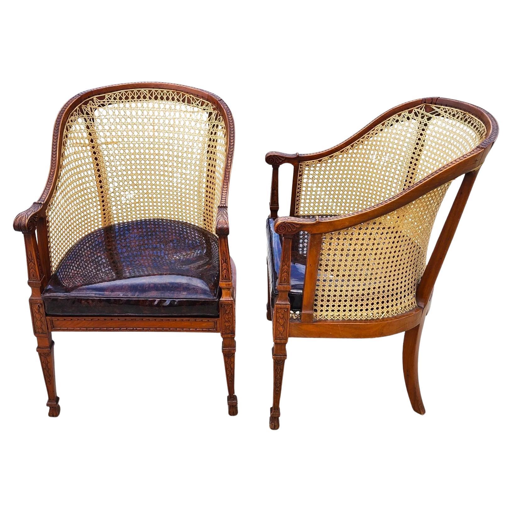 Antique Regency Walnut Caned Chairs Bergere Pair