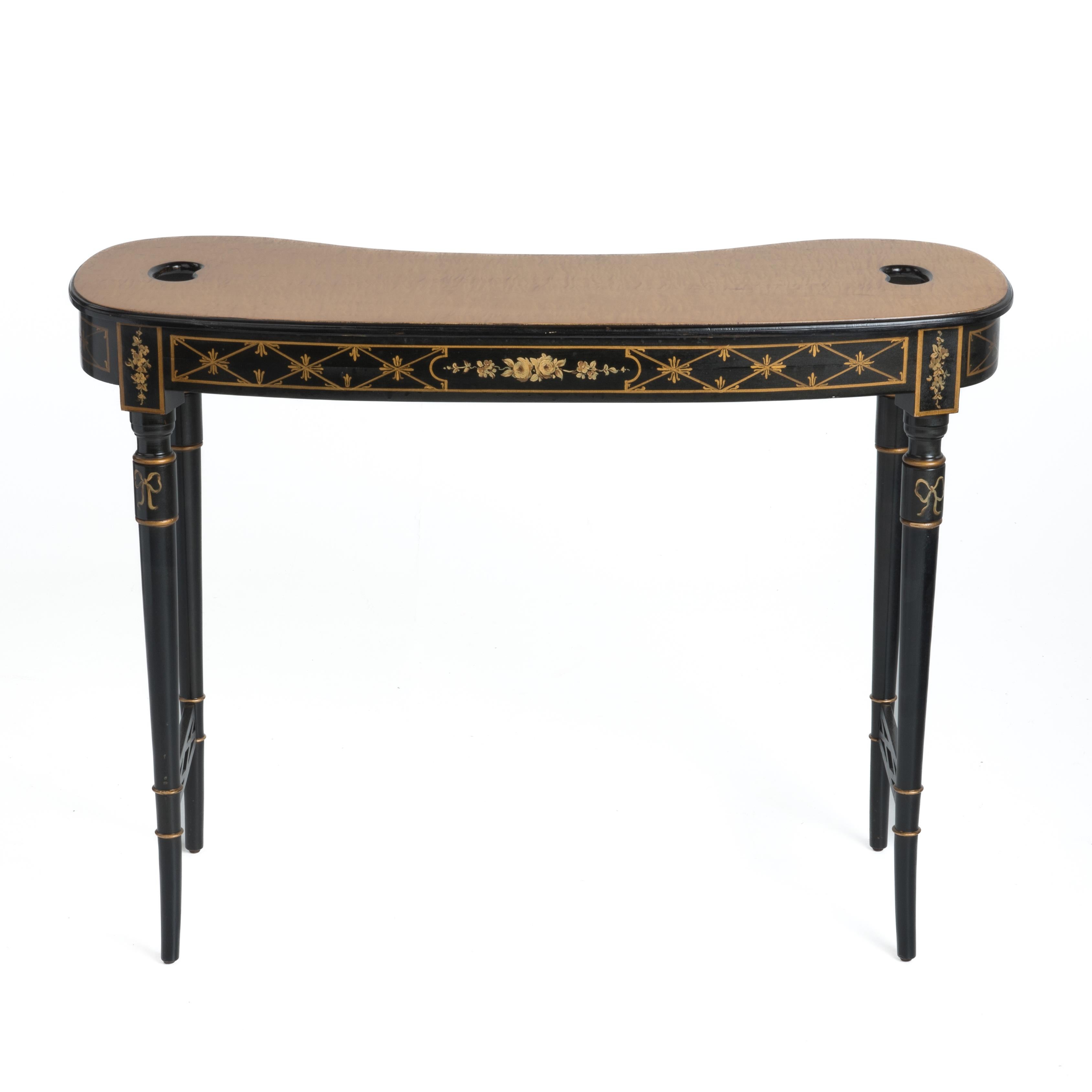 A fabulous quality antique kidney shaped writing table by Century Furniture featuring a birds eye maple top. 