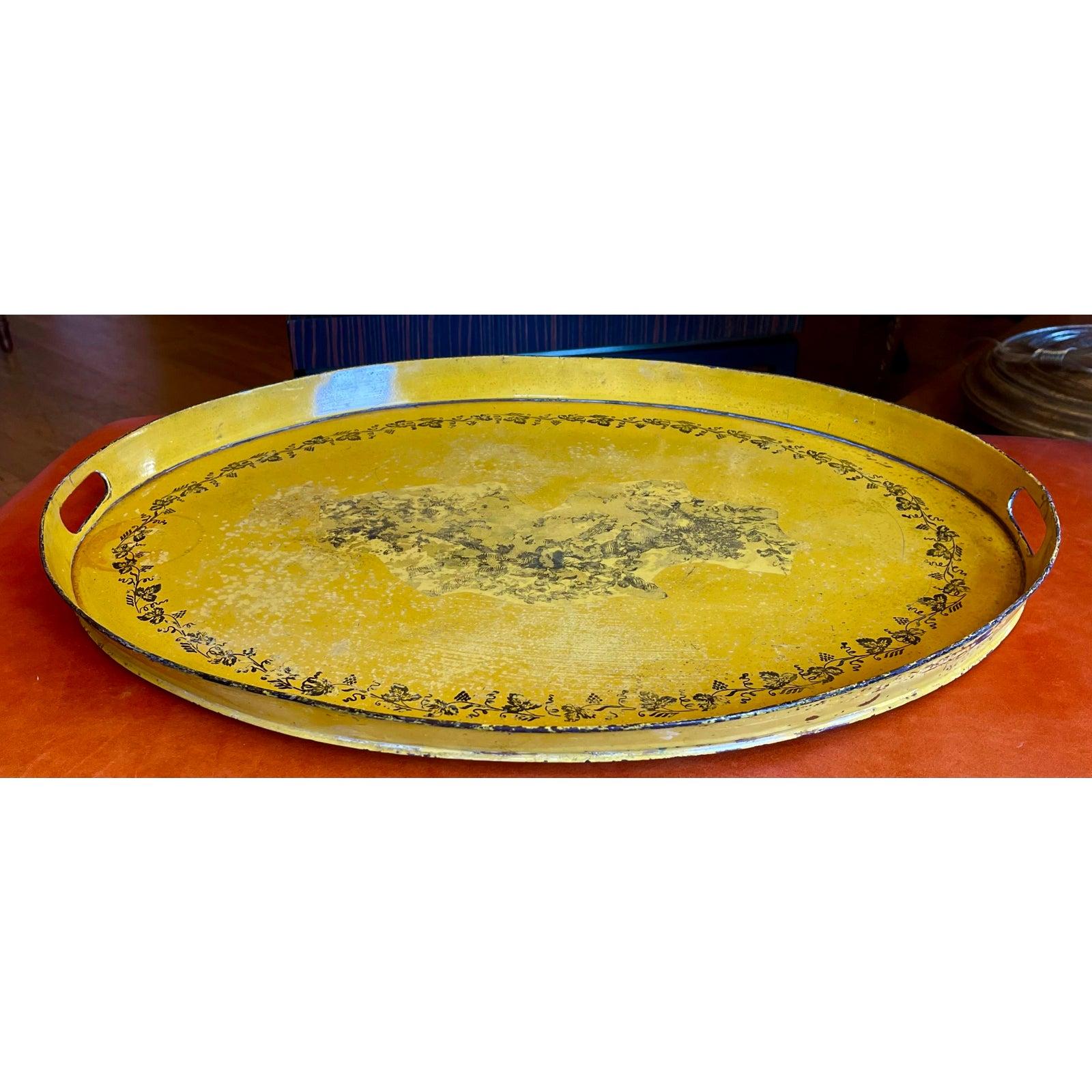 Antique Regency yellow & black tole platter tray

Additional information:
Materials: Tole
Color: Yellow
Period: 19th Century
Styles: Regency 
Item Type: Vintage, Antique or Pre-owned
Dimensions: 20