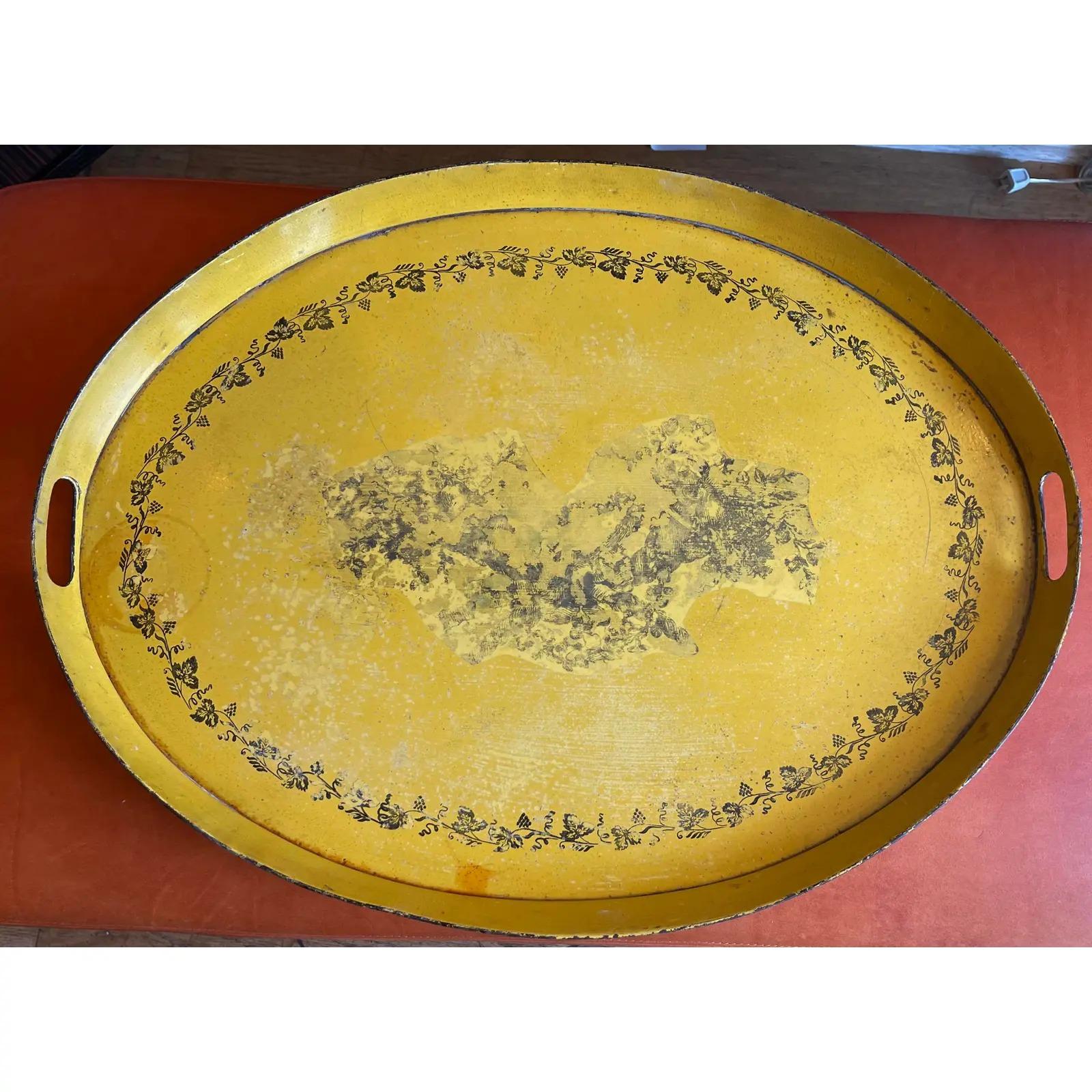 Antique Regency Yellow & Black Tole Platter Tray, 19th Century In Good Condition In LOS ANGELES, CA