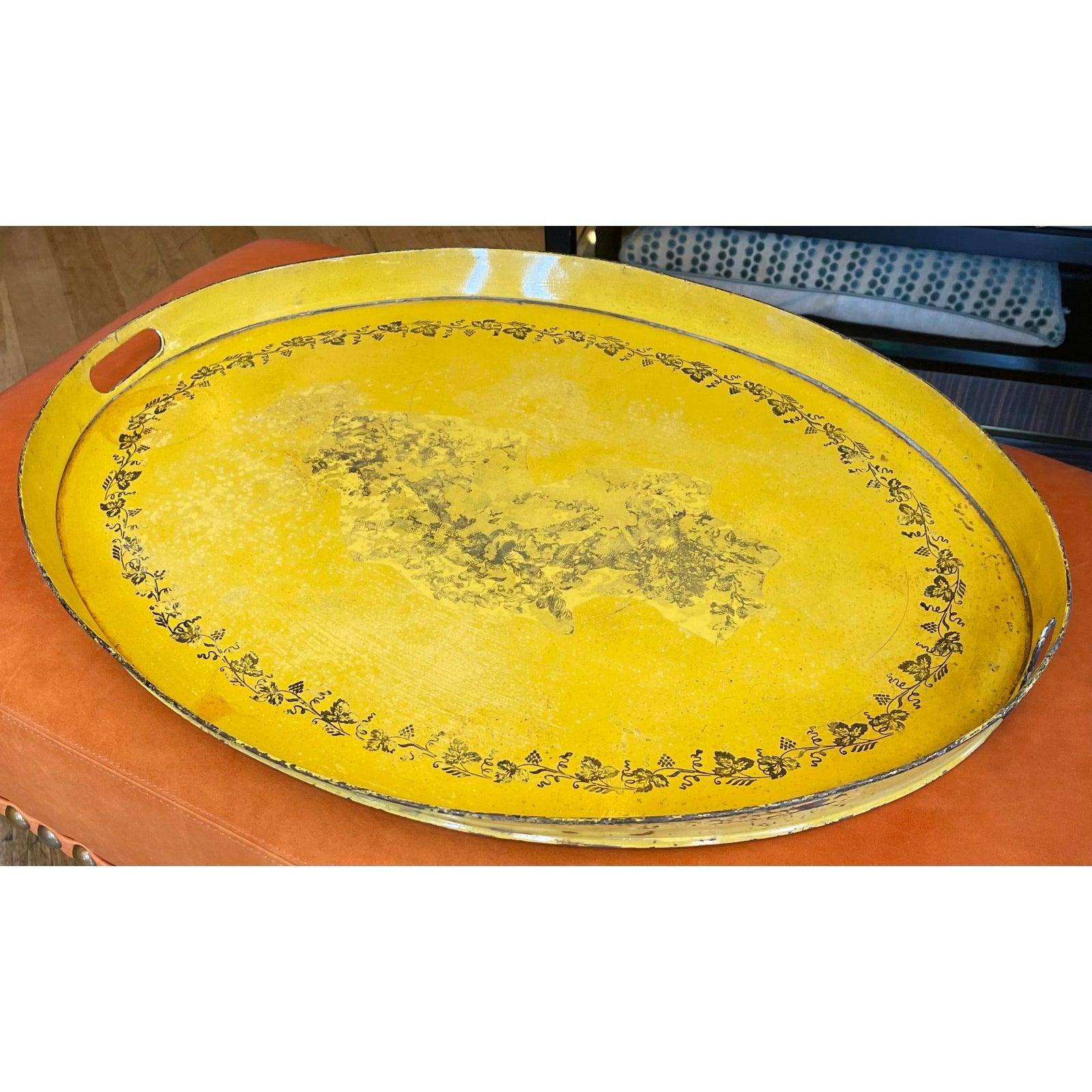 Metal Antique Regency Yellow & Black Tole Platter Tray, 19th Century