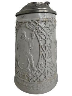 Antico Stein di birra in ceramica con coperchio da 1 litro di Regensburg, 1880 o più vecchio