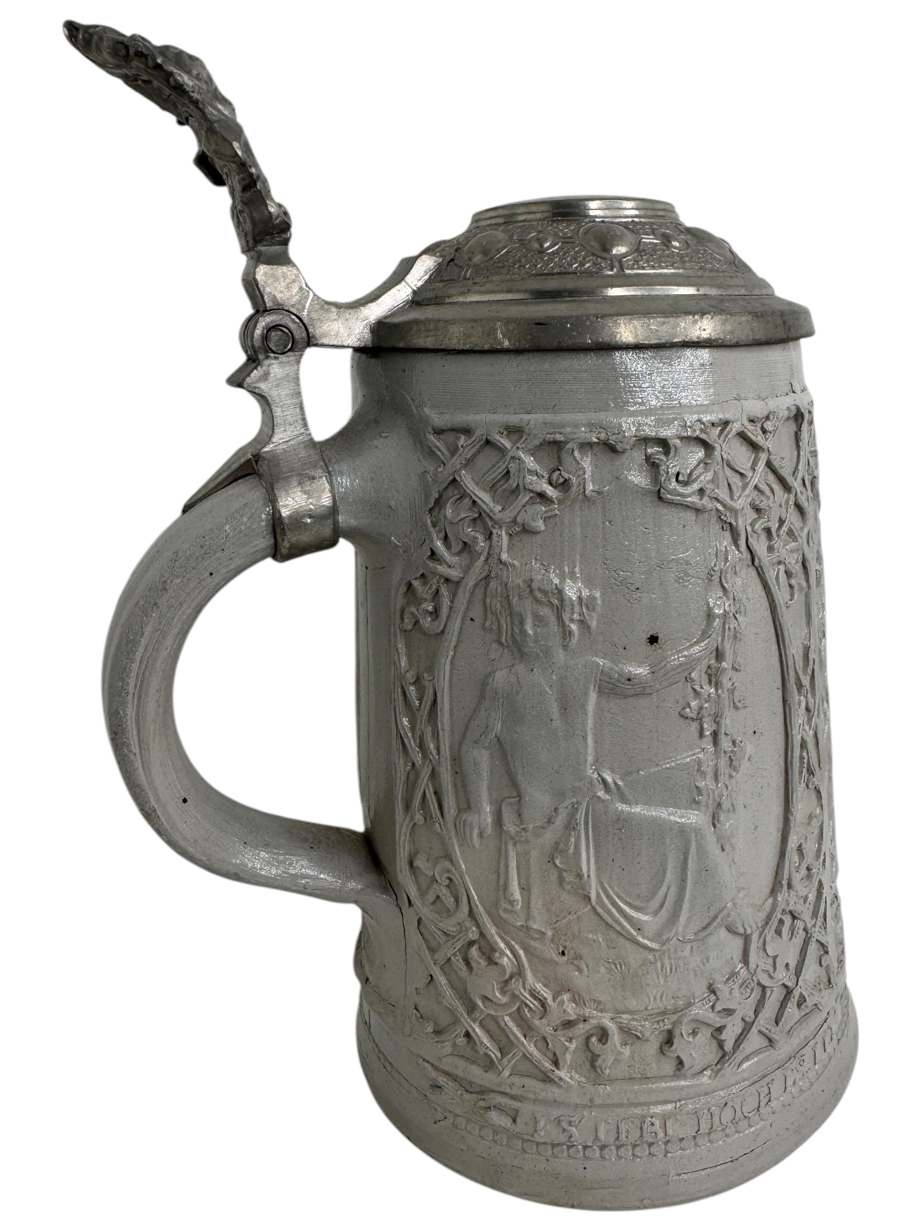 Antigua jarra de cerveza de cerámica con tapa de 1 litro de Ratisbona, 1880 o más antigua Alemán en venta