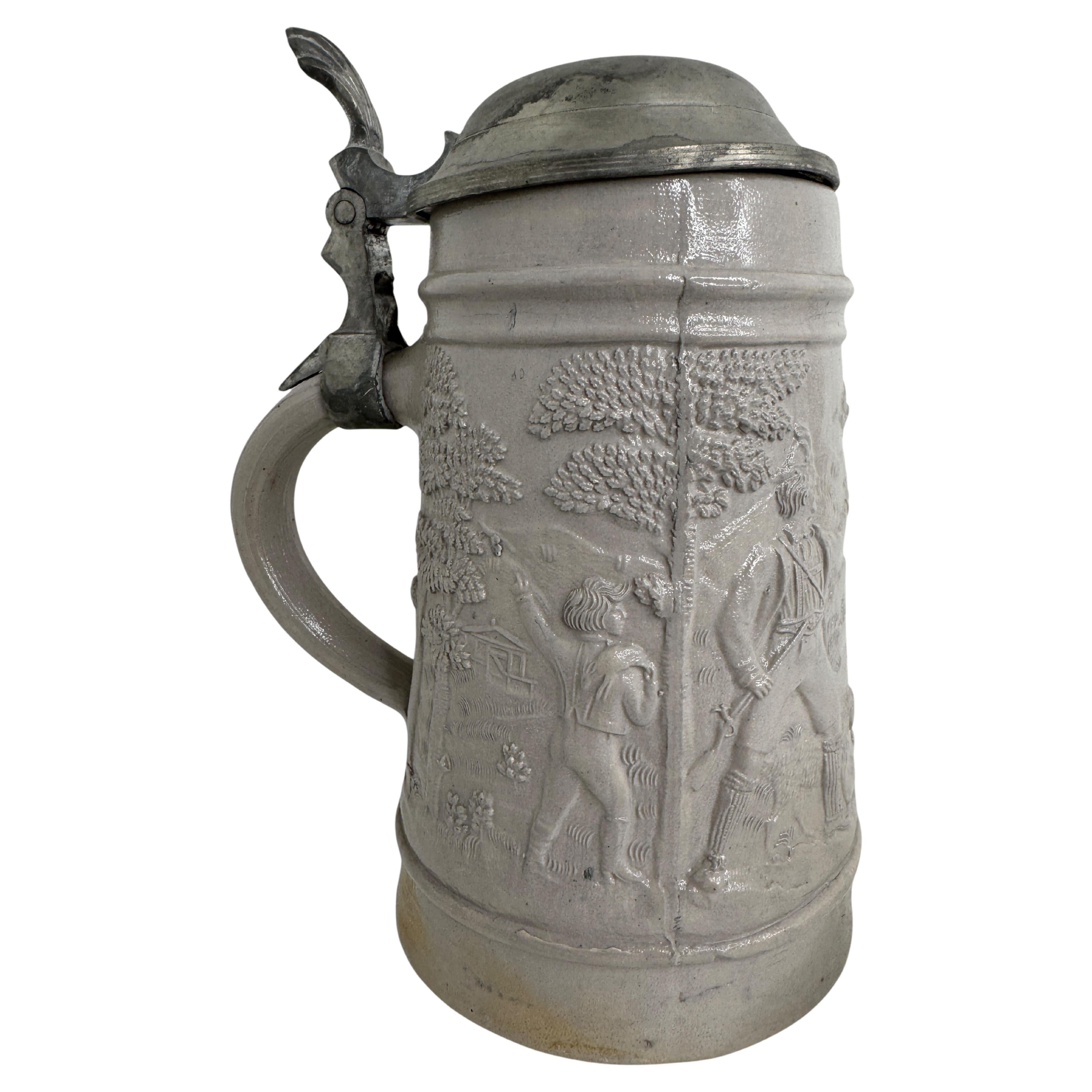 Antico Stein di birra in ceramica con coperchio da 1 litro di Regensburg, 1880 o più vecchio