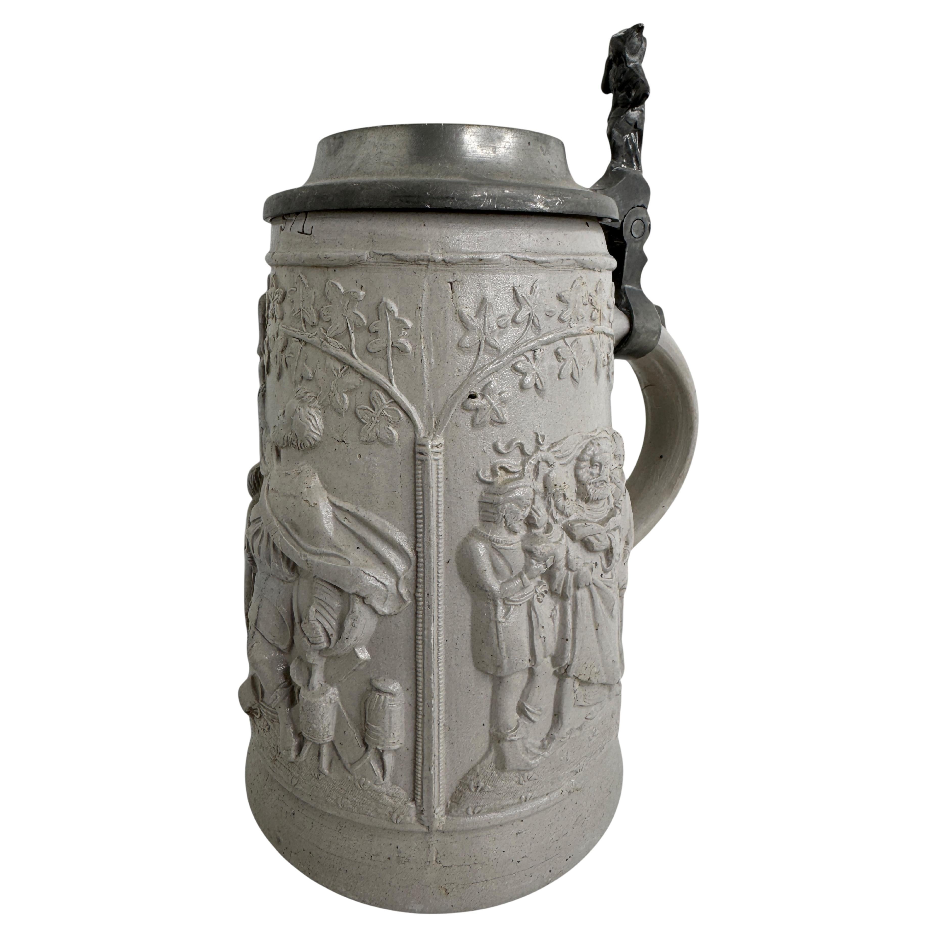 Antiquités Regensburg 1 Liter Lidded Ceramic Beer Stein Gnome Rest, 1880s or older