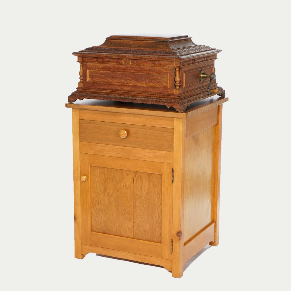 Antique Regina Carved Oak Music Box with Custom Cabinet & Discs, c1890 In Good Condition In Big Flats, NY