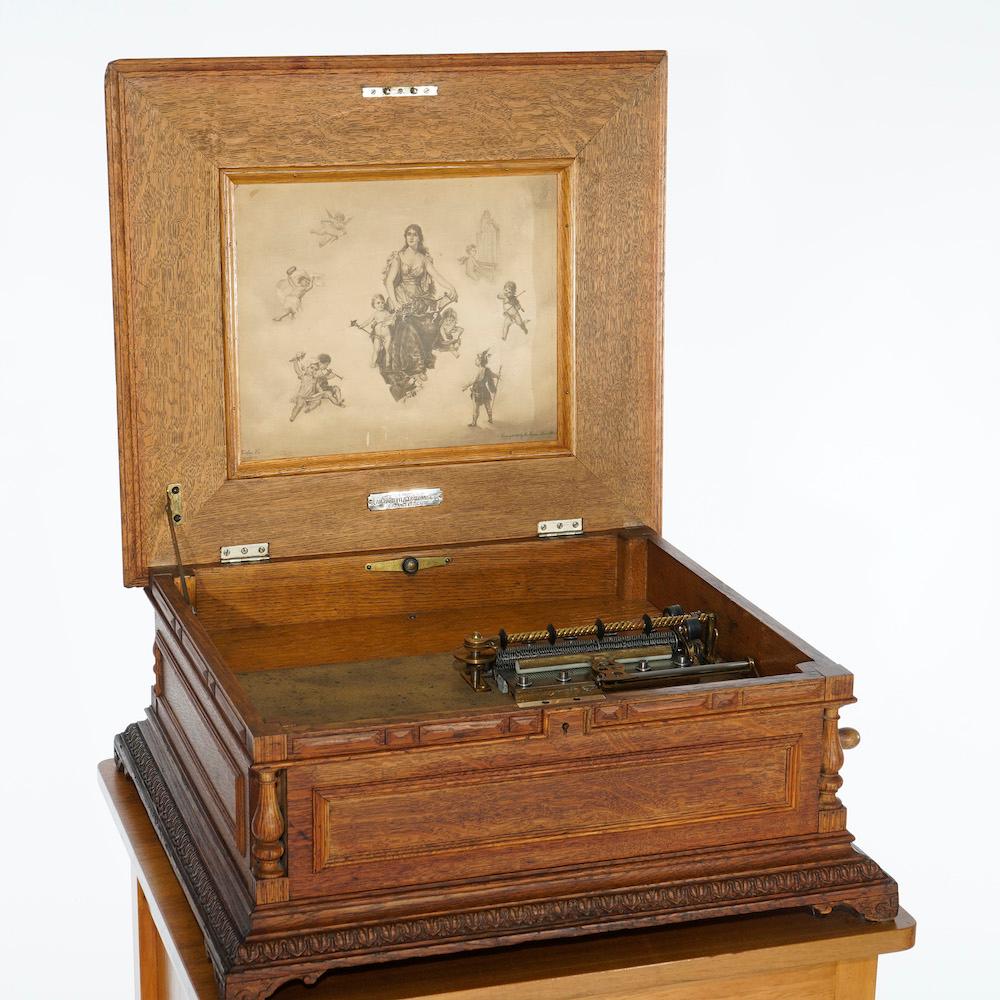 Antique Regina Carved Oak Music Box with Custom Cabinet & Discs, c1890 1