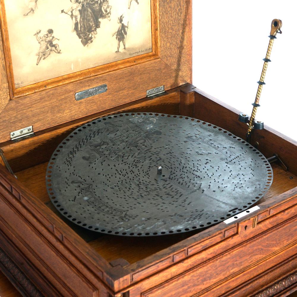 Antique Regina Carved Oak Music Box with Custom Cabinet & Discs, c1890 3