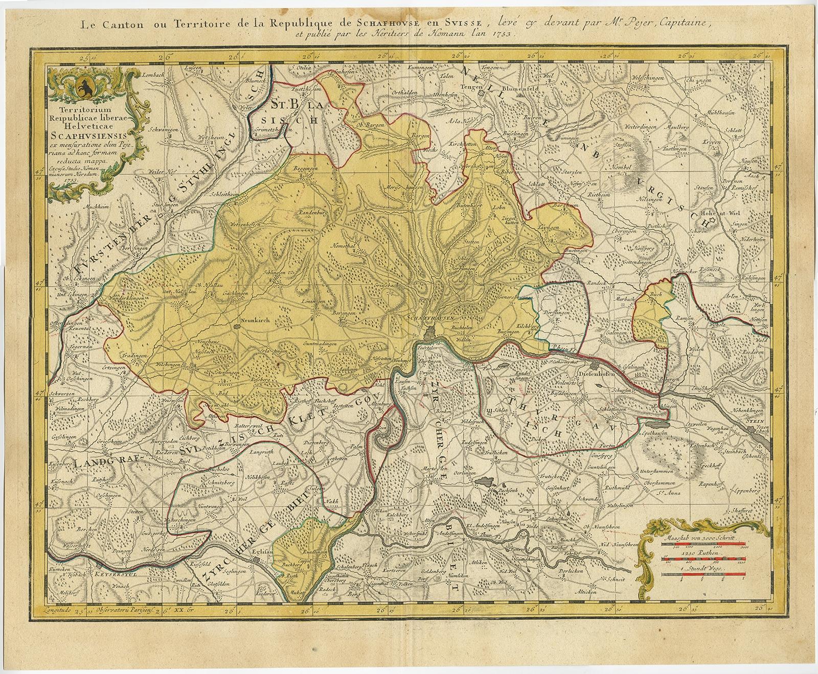 Antique map Switzerland titled 'Territorium Reipublicae liberae Helveticae Scaphusiensis (..)'. Regional map of Switzerland. 

Artists and Engravers: Homann Heirs was a German publishing firm that enjoyed a major place in the European map market