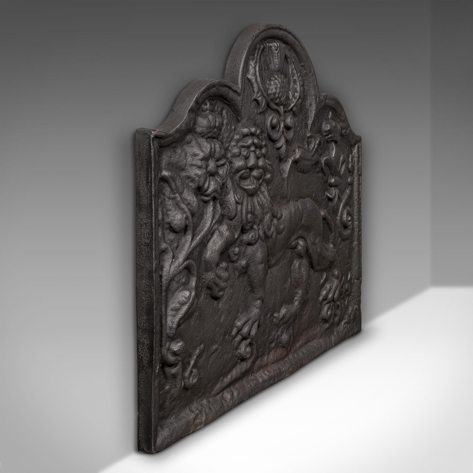 British Antique Relief Fire Back, English, Iron, Fireplace, Carolean Revival, Victorian