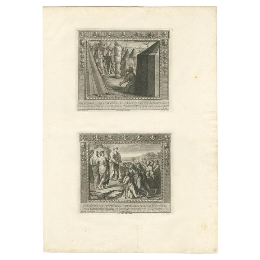 Large antique print with two religious engravings. The upper image depicts the pillar of fire and smoke. The lower image depicts Moses descending from Mount Sinai. This print originates from a work illustrating the complete series of Vatican frescos