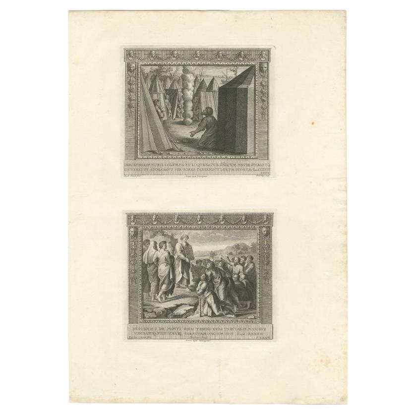 Gran grabado antiguo con dos grabados religiosos. La imagen superior representa la columna de fuego y humo. La imagen inferior representa a Moisés descendiendo del monte Sinaí. Este grabado procede de una obra que ilustra la serie completa de