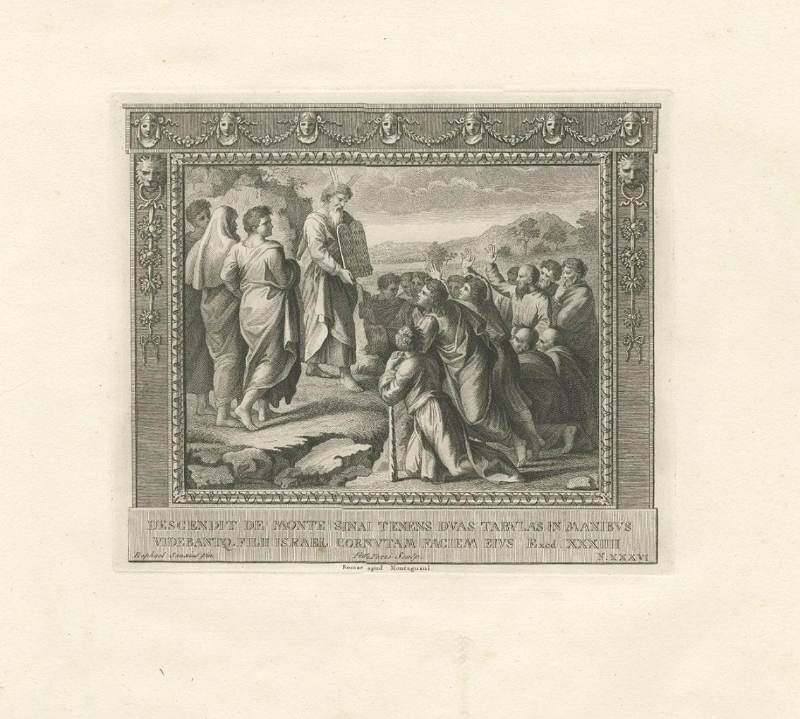 Grabado religioso antiguo que representa a Moisés descendiendo del monte Sinaí, c.1850 siglo XIX en venta