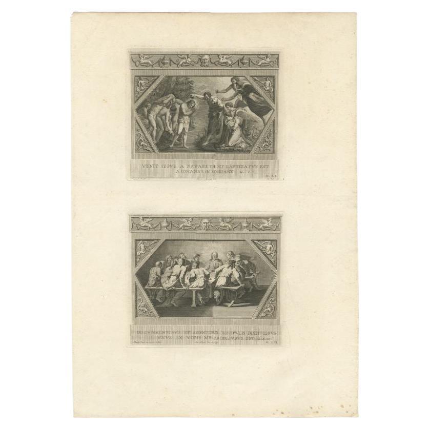 Large antique print with two religious engravings. The upper image depicts the baotism of Christ. The lower image depicts the Last Supper of Christ. This print originates from a work illustrating the complete series of Vatican frescos painted by