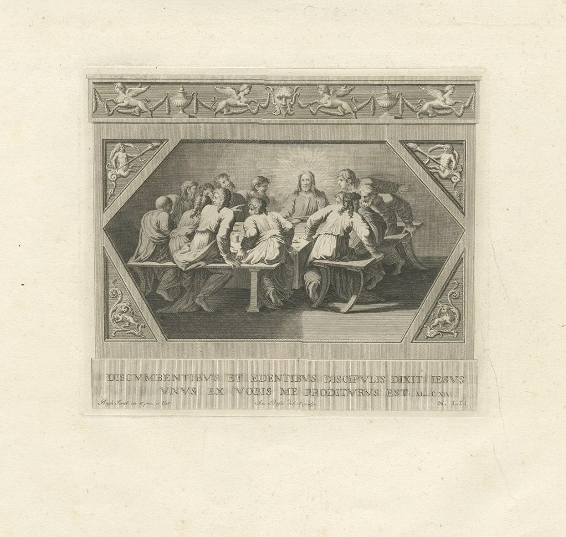 Antiker Religionsdruck mit der Darstellung des letzten Abendmahls und des Baptismus Christi, um 1850 (Papier) im Angebot