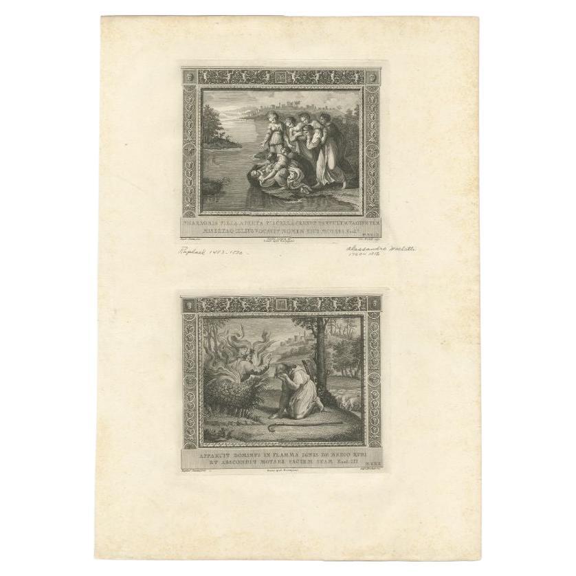 Large antique print with two religious engravings. The upper image depicts Joseph interpreting Pharaoh's dream. The lower image depicts the Nativity of Christ. This print originates from a work illustrating the complete series of Vatican frescos