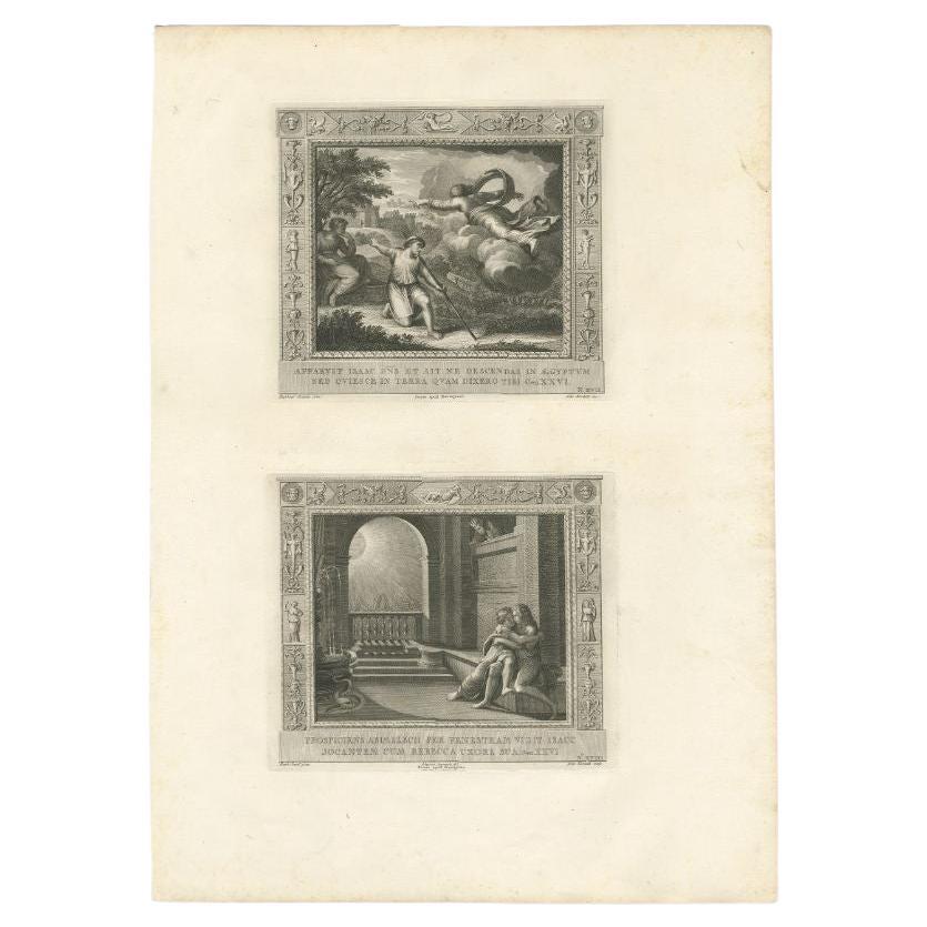 Large antique print with two religious engravings. The upper image depicts the Lord appearing to Isaac. The lower image depicts the Abimelech catching sight of Isaac and Rebekah embracing. This print originates from a work illustrating the complete