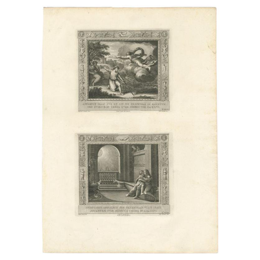 Grande gravure ancienne avec deux gravures religieuses. L'image supérieure représente le Seigneur apparaissant à Isaac. L'image du bas représente l'Abimélech apercevant Isaac et Rebecca s'embrassant. Ce tirage provient d'un ouvrage illustrant la