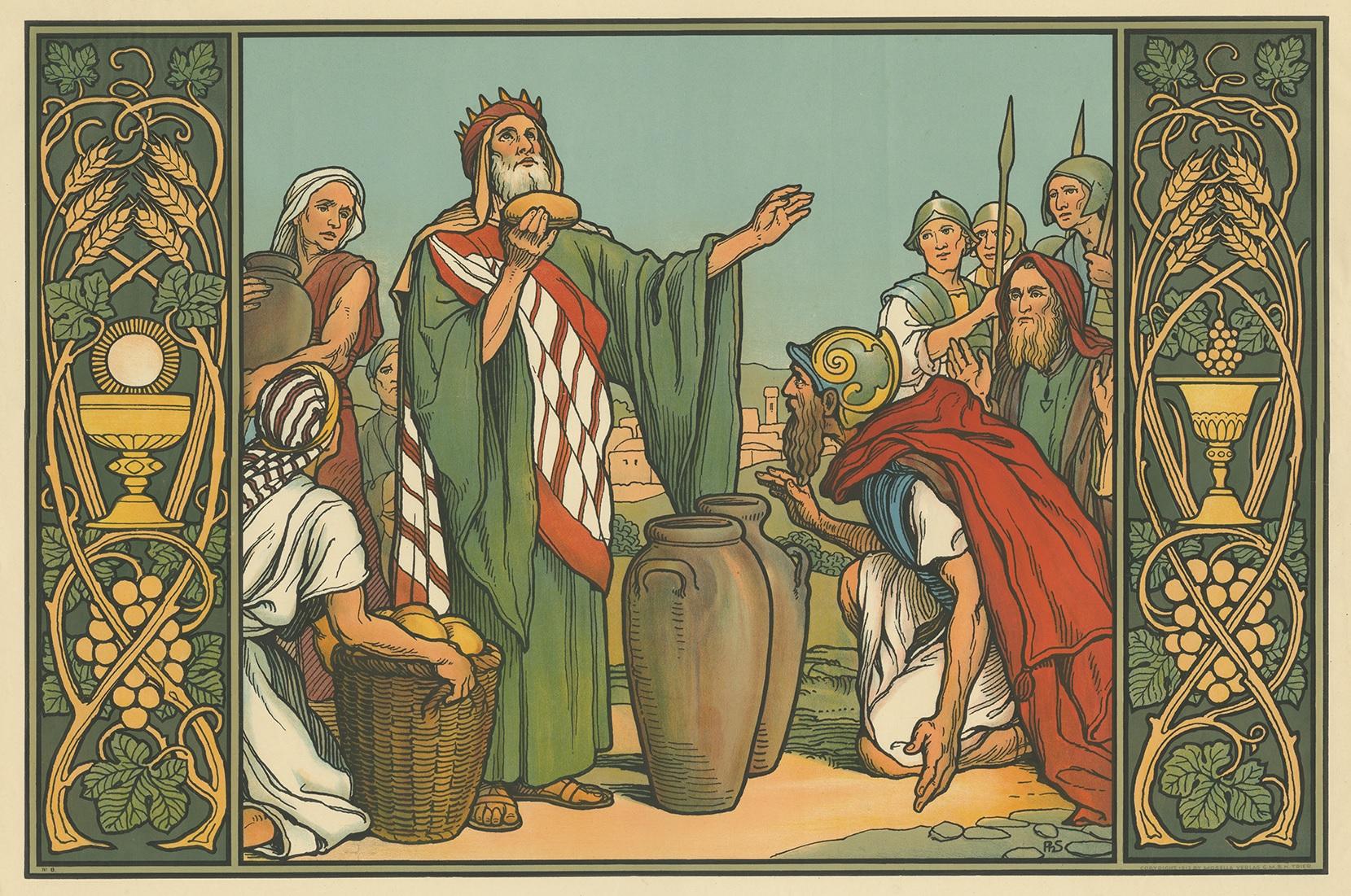Large antique print of Abraham blessed by Melchizedek. Published by Mosella-Verlag, 1913. This print originates from a series titled 'Kathol. Schulbibelwerk von Dr. Ecker'.