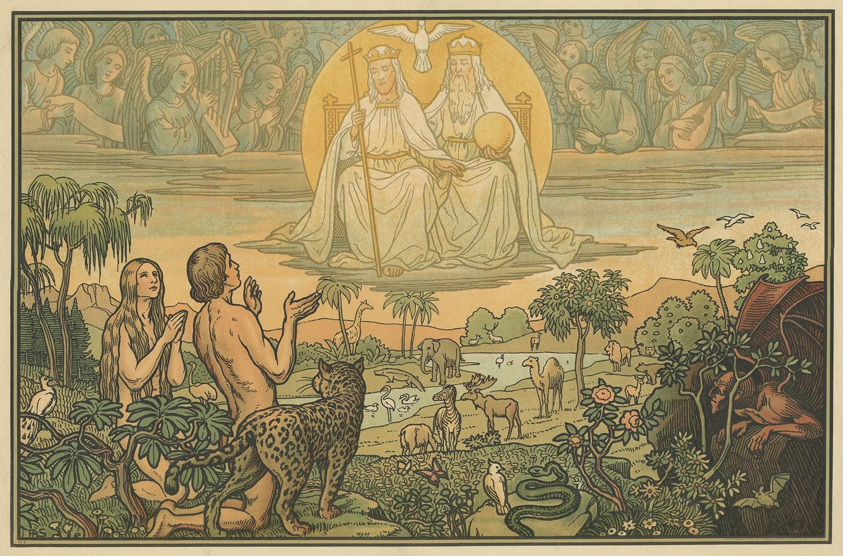 Antique Religion Print of Adam and Eve in Paradise, 1913 In Good Condition For Sale In Langweer, NL