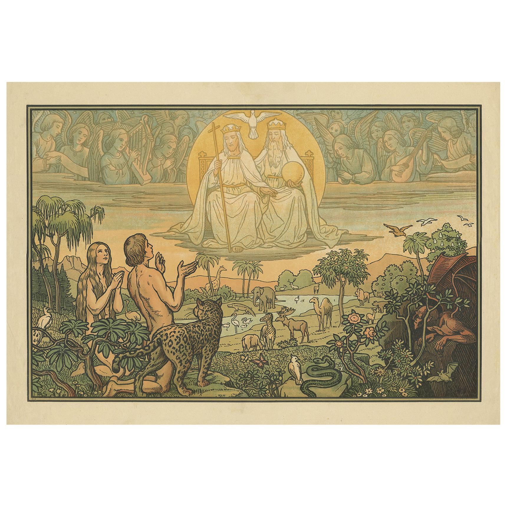 Antique Religion Print of Adam and Eve in Paradise, 1913 For Sale