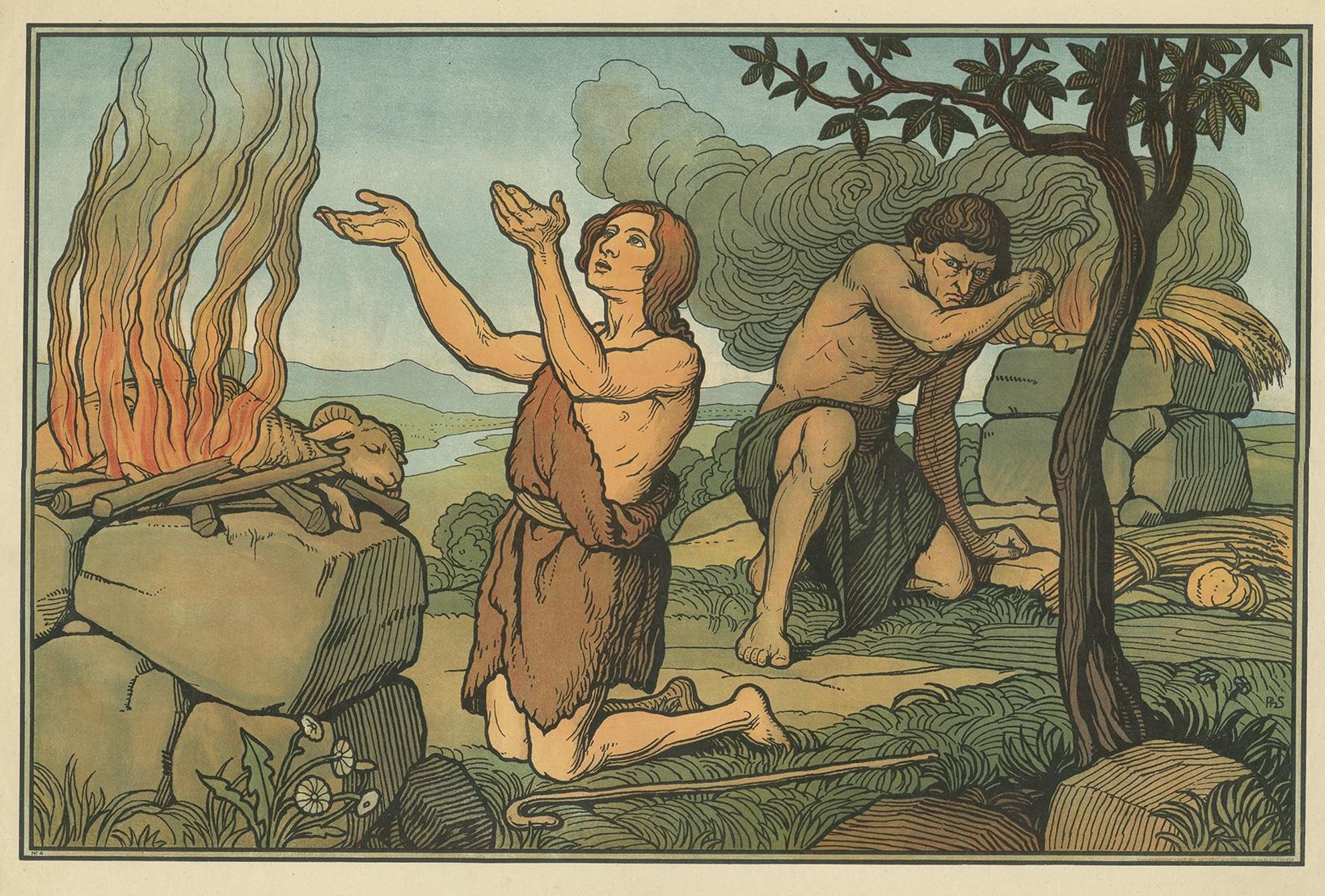 Large antique print of Cain and Abel. Published by Mosella-Verlag, 1913. This print originates from a series titled 'Kathol. Schulbibelwerk von Dr. Ecker'.