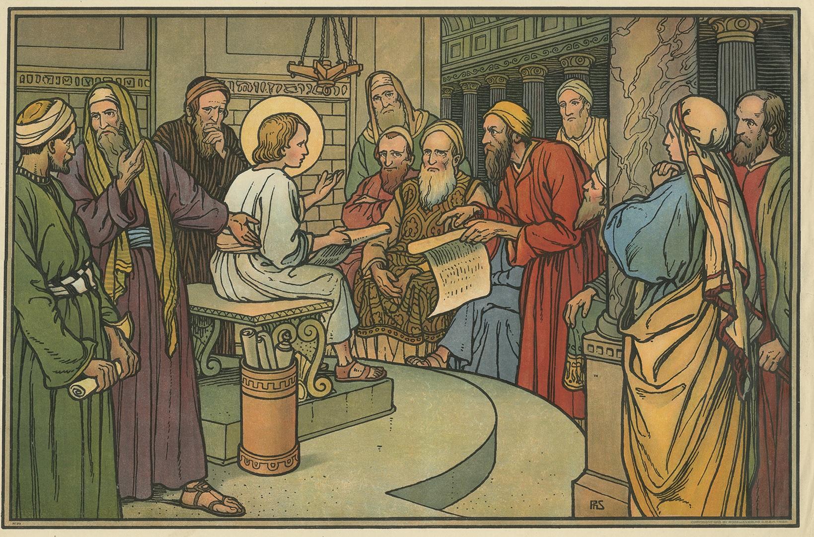 Large antique print of Christ among the Scribes. Published by Mosella-Verlag, 1913. This print originates from a series titled 'Kathol. Schulbibelwerk von Dr. Ecker'. 