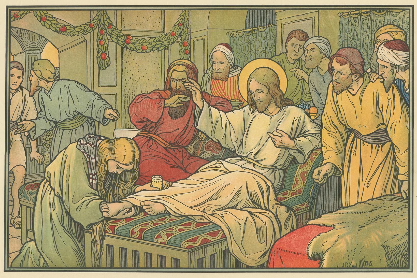 Large antique print of Christ and the Penitent Sinners. Published by Mosella-Verlag, 1913. This print originates from a series titled 'Kathol. Schulbibelwerk von Dr. Ecker'.