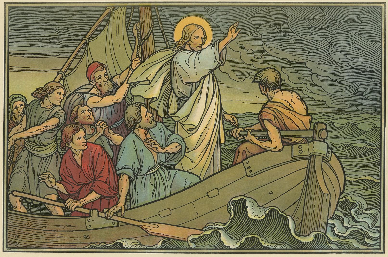 Large antique print of Christ at the Sea of Galilee. Published by Mosella-Verlag, 1913. This print originates from a series titled 'Kathol. Schulbibelwerk von Dr. Ecker'.